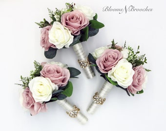 Dusty Rose and Ivory Bouquet, Wedding Bouquets, Bridal Bouquets, Gold Dusty Rose Wedding Flowers, Artificial Wedding Bridesmaids Bouquets,