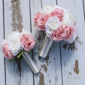 Wedding Bouquet Flowers, Blush Pink and Ivory Bridal and Bridesmaids Bouquets, Artificial wedding boutonniere corsages and bouquets image 4