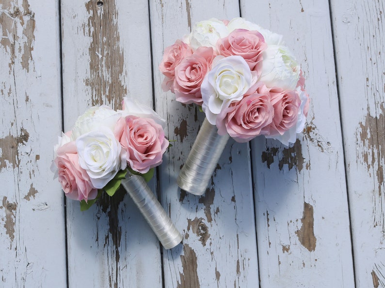 Wedding Bouquet Flowers, Blush Pink and Ivory Bridal and Bridesmaids Bouquets, Artificial wedding boutonniere corsages and bouquets image 4