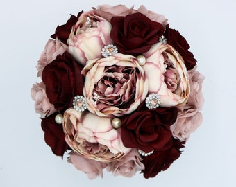 Burgundy Dusty Rose and Rose Gold Wedding Bouquet, Artificial  Bridal Bouquet for Wedding, Bridesmaids Bouquets, Rose Peony Silk Bouquets