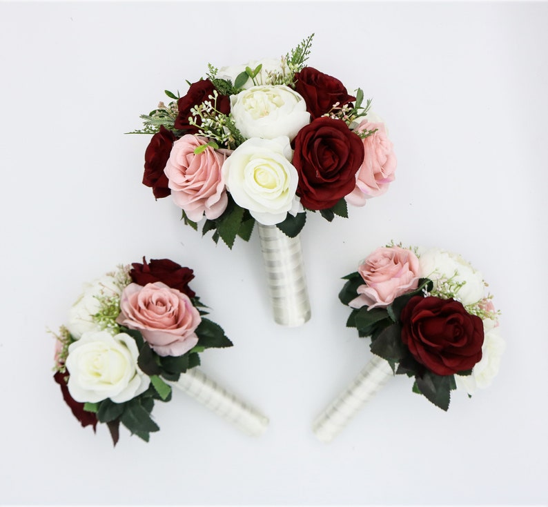 Wedding Bouquet Wine Blush and Ivory, Bridal Bouquet, Bridesmaids bouquet, Artificial Wedding Flowers, Boho Wedding, Burgundy Flowers, image 3