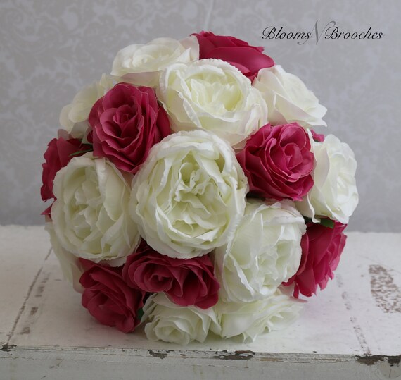 Ivory and Hot Pink Wedding Bouquet, Wedding Flowers, Bridesmaid Bouquets,  Corsage, Bridal Flower Package 