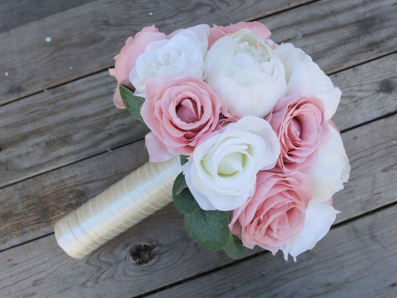 Wedding Bouquet Flowers, Blush Pink and Ivory Bridal and Bridesmaids Bouquets, Artificial wedding boutonniere corsages and bouquets image 1