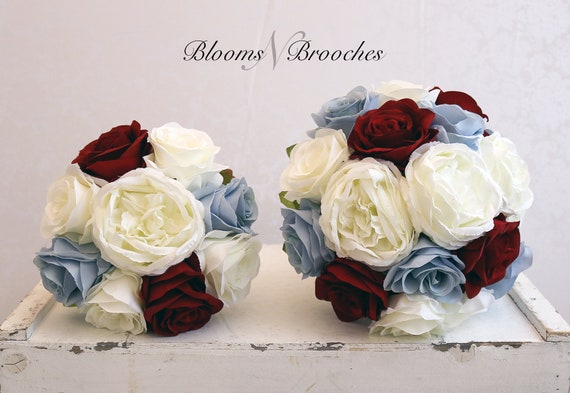 Bridesmaid Bouquets Wine Blue bridal Flower Package Bouquets Wedding Flowers and Ivory Wedding Bouquet Bridal Bouquets Corsage