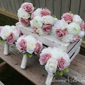 Dusty Rose and Ivory Wedding Bouquet, Wedding Flowers, Bridesmaid Bouquets, Corsage, bridal Flower Package