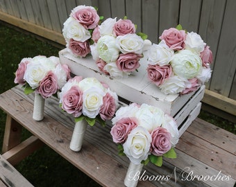 Dusty Rose and Ivory Wedding Bouquet, Bridal Bouquets, Bridesmaids bouquets,  Wedding Flowers,  Artificial silk flowers, roses, peonies