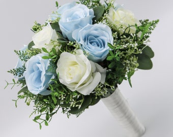 Light Blue & Ivory Wedding Bouquet, Blue  Bridal Bouquet, Wedding Flowers, Bridesmaid Bouquets, bridal Flower Package, Garden