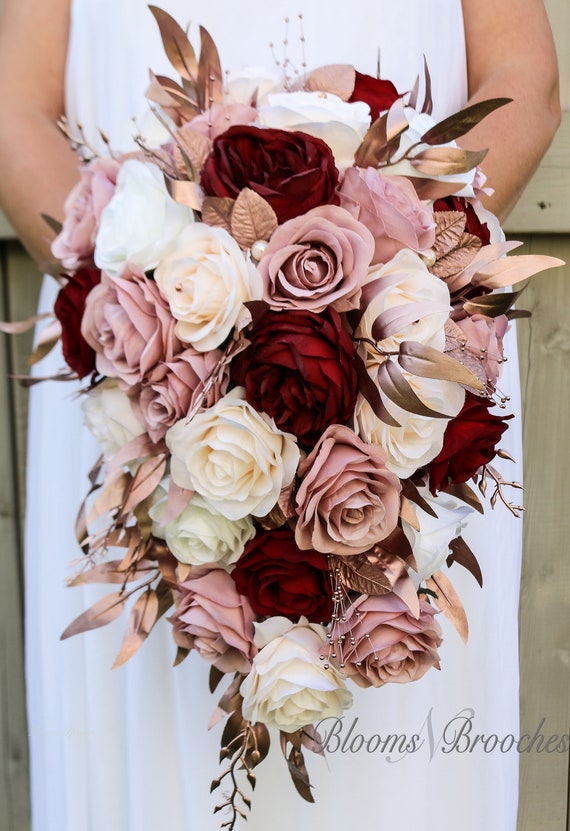 Cascade Bridal Bouquet, Wine Rose Gold Dusty Rose Bouquet, Wedding