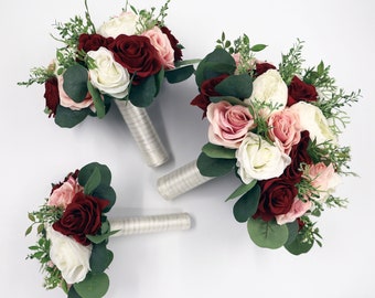 Wedding Bouquet Wine Blush and Ivory, Bridal Bouquet, Bridesmaids bouquet,  Artificial Wedding Flowers, Boho Wedding, Burgundy Flowers,