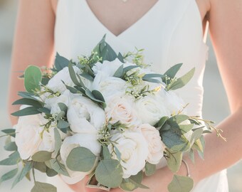 Wedding Bouquet White Ivory Greenery, Bridal Bouquet  Bridesmaids Bouquets Faux, Boho Wedding Bouquet, Peonies Roses eucalyptus, Flowers