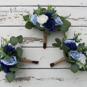 Navy Dusty Blue and Ivory Boho Wedding Bouquets, Bridal Bouquet, Bridesmaids bouquet, Artificial Wedding Flowers, artificial Flowers, image 1