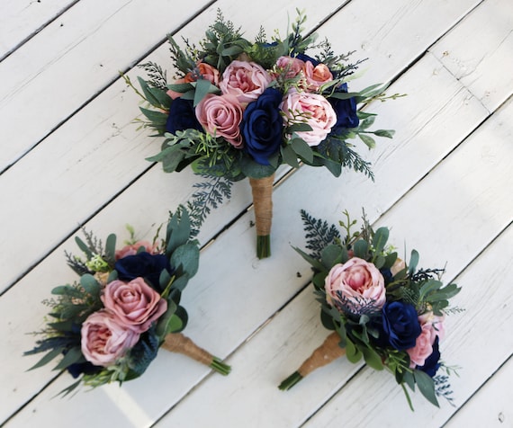 Navy and Dusty Rose Boho Wedding Bouquets, Bridal Bouquet