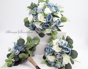 Dusty Blue Steel Blue Wedding Bouquet, Faux Bridal bouquet Bridesmaids Bouquets, White and Blue Wedding Bouquet Bride, Boutonniere Silk