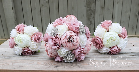 Wedding Bouquet Dusty Rose, Pink Bridal Bouquet Brooch, Faux Bride