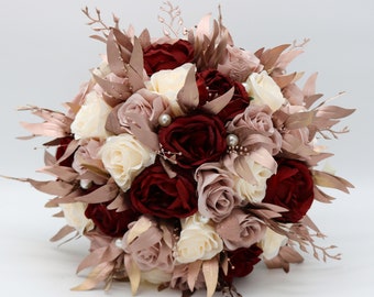 Rose Gold Wedding Bouquet, Dusty Rose Burgundy Wedding Bouquets, Rosegold Bridal Bouquets, Artificial Wedding flowers