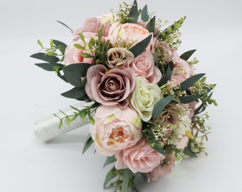 Wedding Bouquet Dusty Rose Blush Pink, Bridal Bouquet Pink, Boho bride bouquet Bridesmaids Bouquet Faux, Silk Wedding Flowers