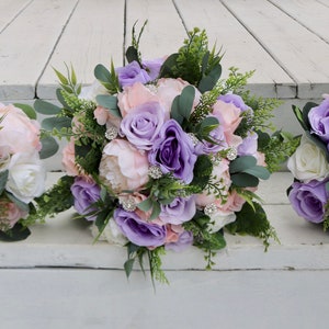 Lilac Blush Wedding Bouquets,Bridal Bouquets, purple pink bouquets for weddings, artificial wedding bouquets, Silk Flowers, Boutonnieres