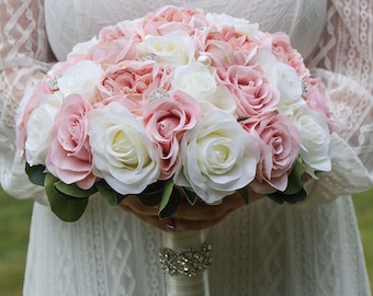 Wedding Bouquet Blush Pink and White Ivory, Faux Bridal Bouquet Rhinestone brooches Crystals Pearls, Silk Wedding Flower With Roses Peonies