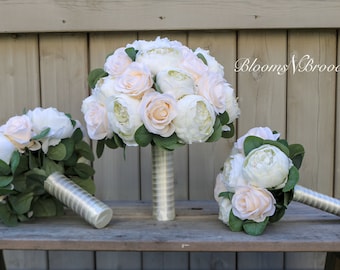 Wedding Bouquet, Ivory and Champaign Wedding Bouquet, Faux Flowers, Wedding Flowers, Peony and rose bouquet, Bridesmaid Bouquets, Corsage