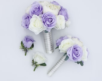 Lilac Ivory Wedding Bouquets, Artificial Flowers for bride and bridesmaids, Silk Bridal bouquets corsages boutonnieres, Wedding Flowers