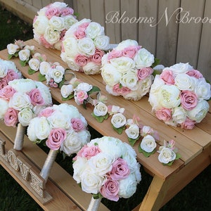 Wedding Bouquet Flowers, Blush Pink and Ivory Bridal and Bridesmaids Bouquets, Artificial wedding boutonniere corsages and bouquets image 2