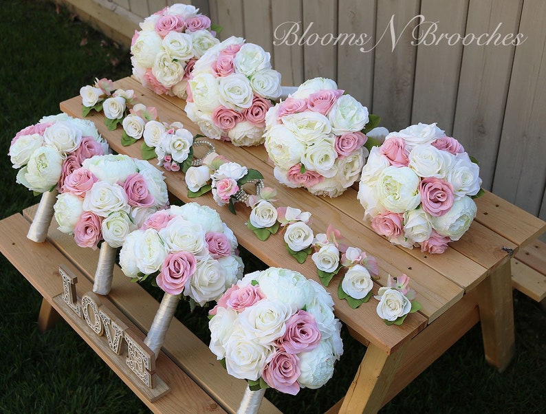 Wedding Bouquet Flowers, Blush Pink and Ivory Bridal and Bridesmaids Bouquets, Artificial wedding boutonniere corsages and bouquets image 2