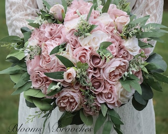 Dusty Rose Wedding Bouquet, Blush Faux Bridal Bouquets for Weddings, Silk Wedding Flowers for Bride and Bridesmaids