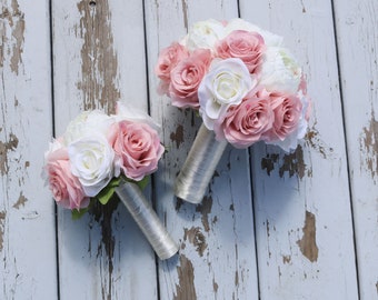 Artificial Blush Pink  Ivory Wedding Bouquets, Rose Peony Bridal and Bridesmaids Bouquets, Silk Flowers for Weddings