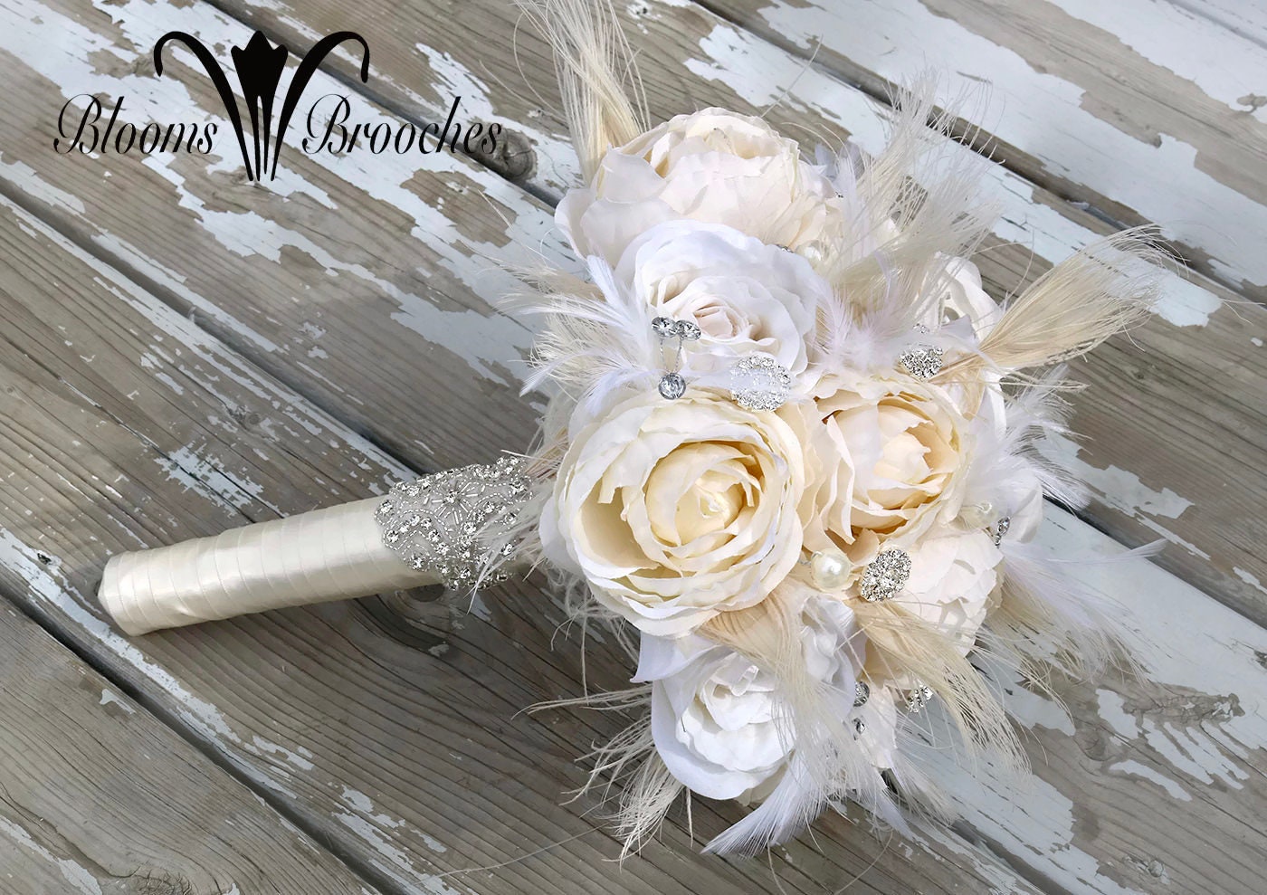 White Decorative Feather, Pearls & Crystals 22 Stem