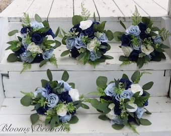 Navy Dusty Blue Boho Bouquet, Artificial Wedding Bouquets, Silk Bridal and Bridesmaids Bouquets, Navy Roses Dusty Roses Eucalyptus Bouquet