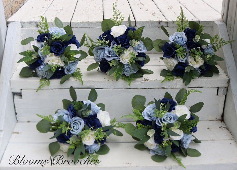 Navy Dusty Blue and Ivory Boho Wedding Bouquets, Bridal Bouquet, Bridesmaids bouquet, Artificial Wedding Flowers, artificial Flowers, image 2