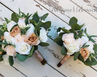 Artificial Wedding Flowers for Bride Bridesmaids, Boho Bridal Bouquets Cream Champaign Pearls, Faux Bouquets Roses Peonies Greenery