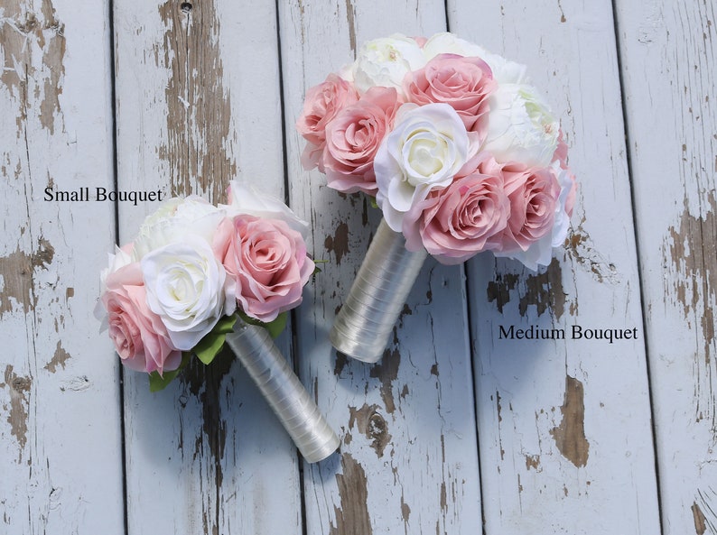 Wedding Bouquet Flowers, Blush Pink and Ivory Bridal and Bridesmaids Bouquets, Artificial wedding boutonniere corsages and bouquets image 5