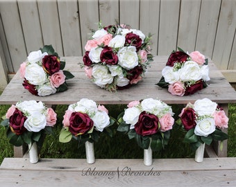 Wedding bouquet, Wine Blush and  Ivory Wedding Bouquet, Bridal bouquet, Bridesmaid Bouquets, Boutonnieres  Corsage, Silk Flowers, Flower