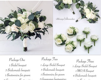 Wedding Floral Package, Wedding Bouquets, Bridal Bouquet, Ivory Artificial, Bridesmaids Bouquets, Roses Eucalyptus Peony, Wedding flowers