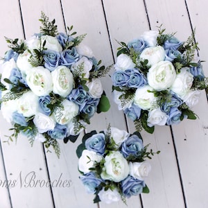 Wedding bouquet, Dusty Blue  and  Ivory Bridesmaids bouquet, Wedding Flowers, Boho Wedding, Corsage, bridal Flower Package