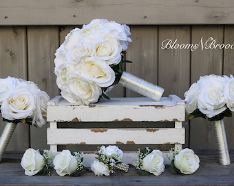 Ivory Wedding Bouquet, Bridal Bouquet, Wedding Flowers, Bridesmaid Bouquets, Corsage, bridal Flower Package, Silk Wedding Flowers