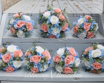 Wedding Flowers Bridal Bouquet, blue peach ivory bouquets, Custom  Bridal bouquet, flowers for  destination wedding, hydrangeas, roses