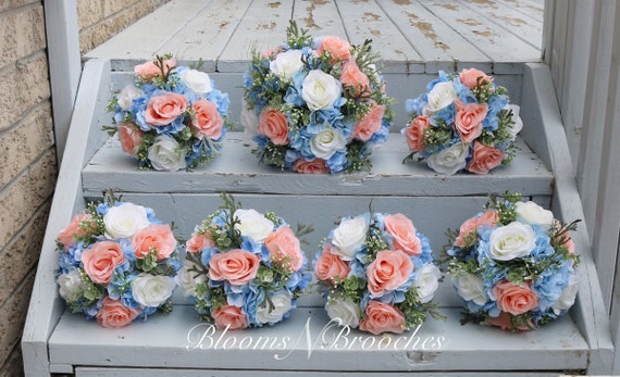 Wedding Flowers Bridal Bouquet Blue Peach Ivory Bouquets Etsy