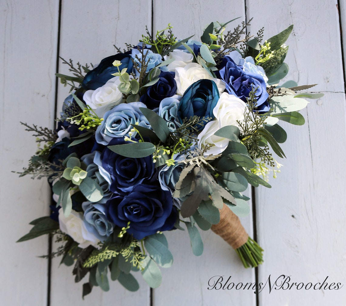 Wedding bouquet Navy Dusty Blue  and  Ivory Bridal bouquet image 1