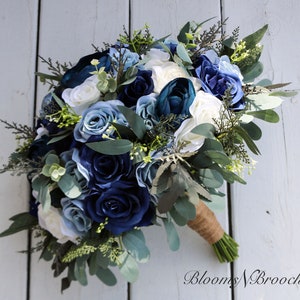 Wedding bouquet, Navy, Dusty Blue  and  Ivory Bridal bouquet, Wedding Flowers, Boho Wedding, silk bridesmaids bouquets corsages boutonnieres