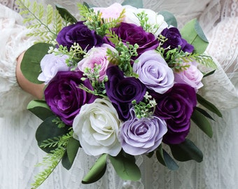 Purple Wedding Bouquets for Bride Bridesmaids, Artificial Boho Bridal Bouquets, Purple Lilac Faux Florals, Silk Wedding flowers