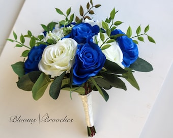 Wedding Bouquet, Royal blue and Ivory Bouquet, Bridal Bouquet, Bridesmaids Bouquet, Wedding Flower, Artificial Silk flower bouquet, Rose