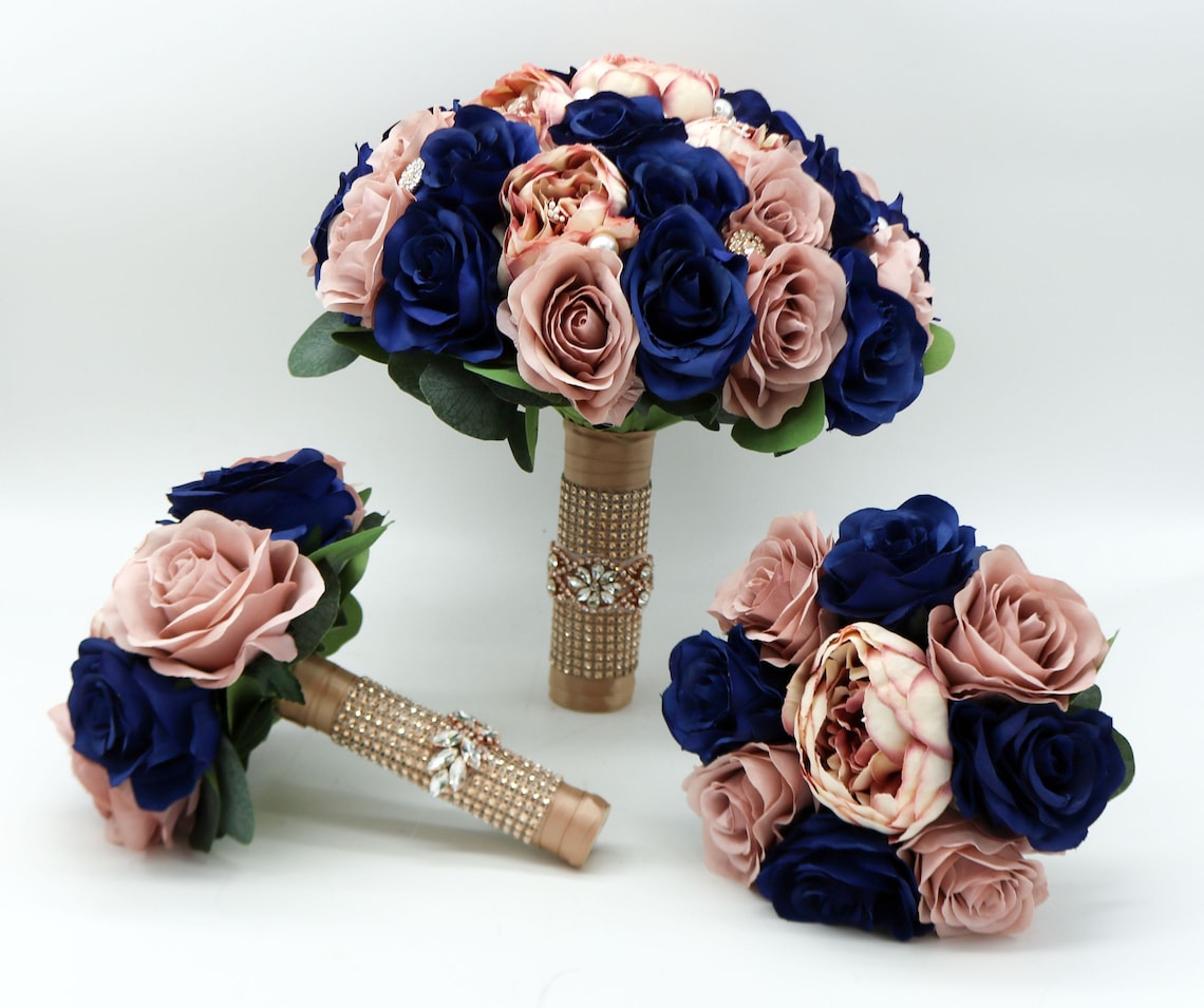 Navy Dusty Rose and Rose Gold Wedding Bouquet Navy Bridal image 1