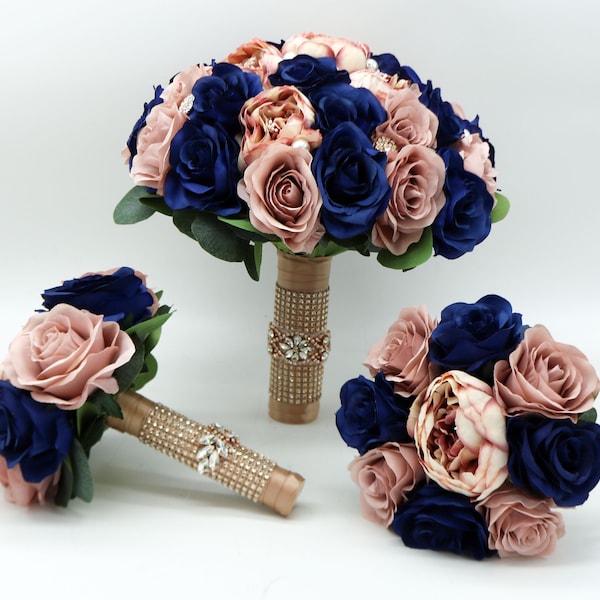 Navy Dusty Rose und Rose Gold Hochzeitsstrauß, Marine Brautstrauß, Brautjungfern Sträuße, Künstliche Hochzeitsblumen, Rosen, Pfingstrosen