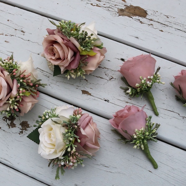 Dusty Rose Boutonniere, Boutonniere für Männer, Handgelenk Corsage, Hochzeit Corsage, Abschlussball Blume, Mutter der Braut Corsage, Bräutigam Boutonniere