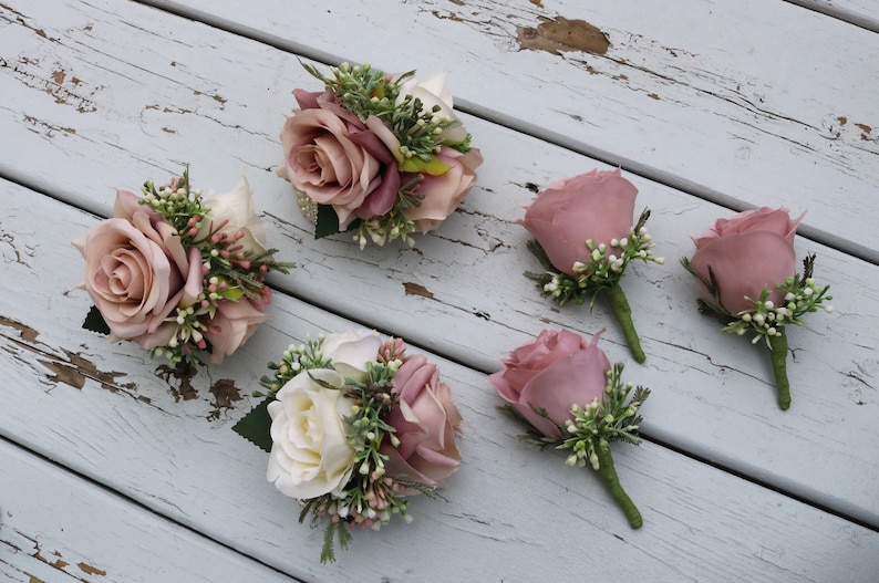 Dusty Rose Boutonniere, Boutonniere for men, Wrist corsage, wedding corsage, Prom flower, mother of the bride corsage, grooms boutonniere image 1