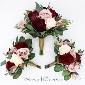 Wine Dusty andIvory Cream Boho Rose Gold Wedding Bouquets, Bridal Bouquet, Bridesmaids bouquet, Artificial Wedding Flowers Burgundy Flowers