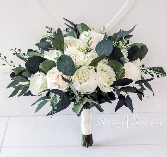 Wedding Bouquet Bridal Bouquet, Boho Bridal Bouquet for Wedding, White  Ivory Roses Peony Eucalyptus Bouquet, Wedding Flowers, Silk Flower 