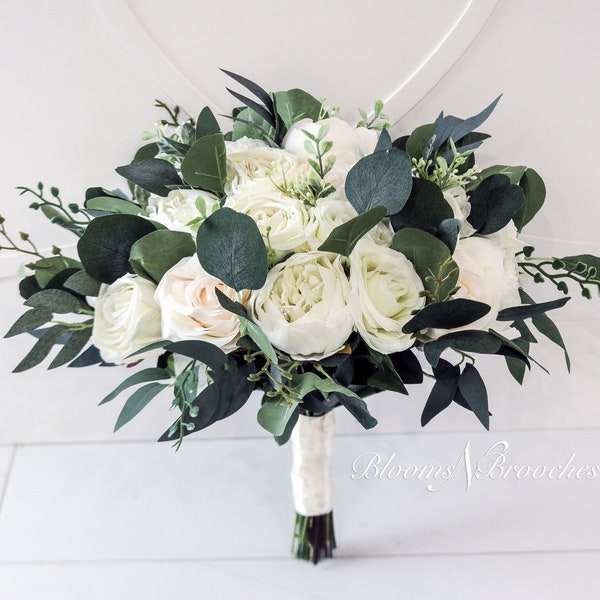 Bruidsboeketten, bruidsboeket, ivoor kunstmatige bruiloftsbloemen, rozen eucalyptus pioenroos, bruiloftsbloemen, boho bruiloft